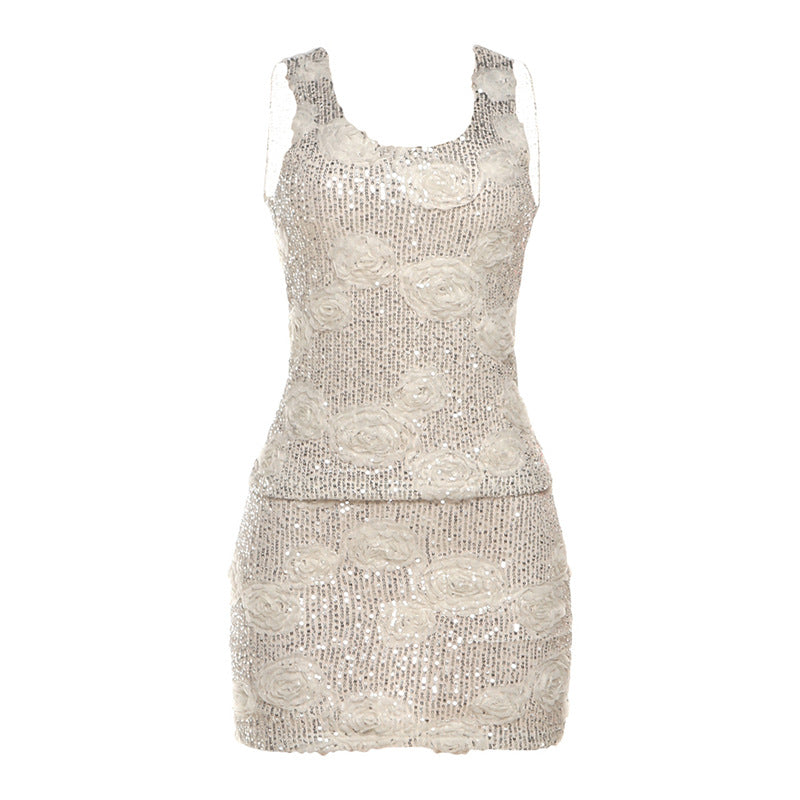 Floral Sequin Vest and Skirt Two-Piece Set