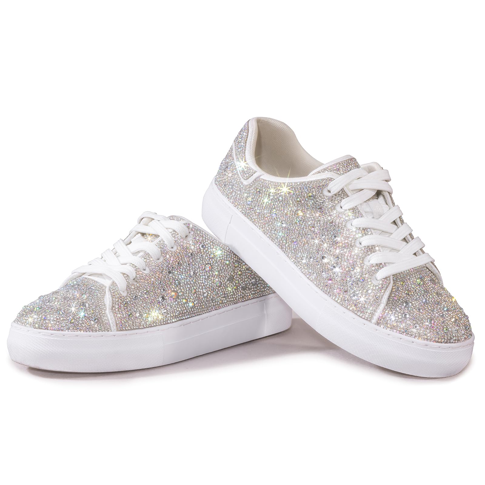Qinpos Rhinestone Sneakers for Women Glitter Sparkle Tennis Shoes Platform Bling Silver Fashion Sparkly Sequin Shoes for Wedding Party Bride Dress