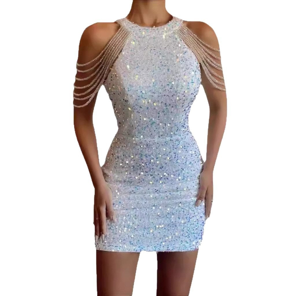 Halter Neck Crystal Chain Mid-Waist Evening Dress