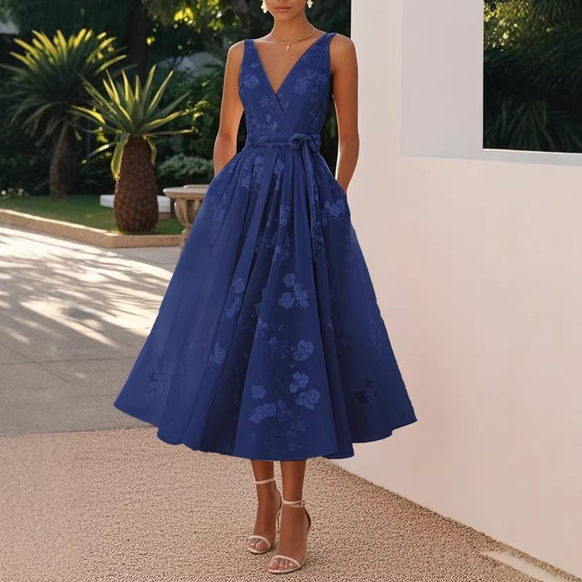 Sleeveless V-Neck Floral Print Evening Dress