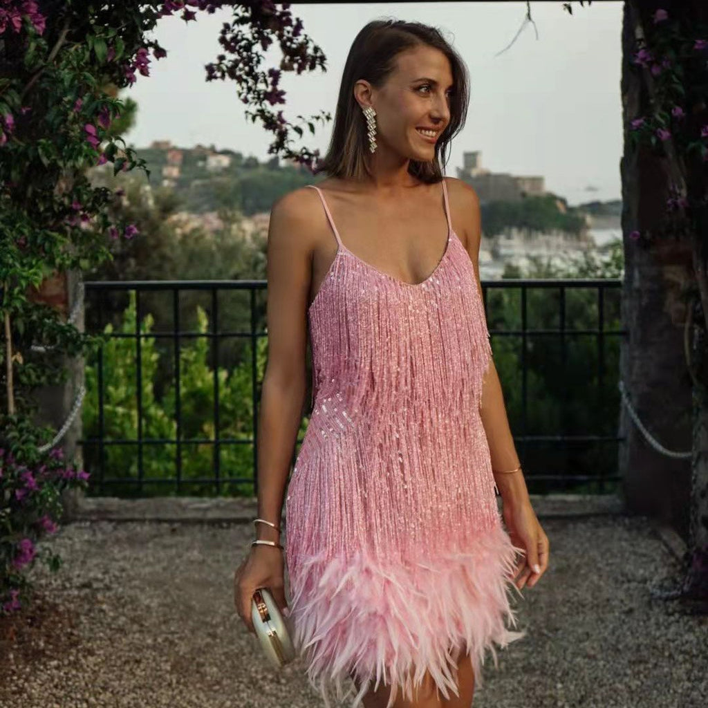 Feather Sequin Patchwork Dress with Fringe
