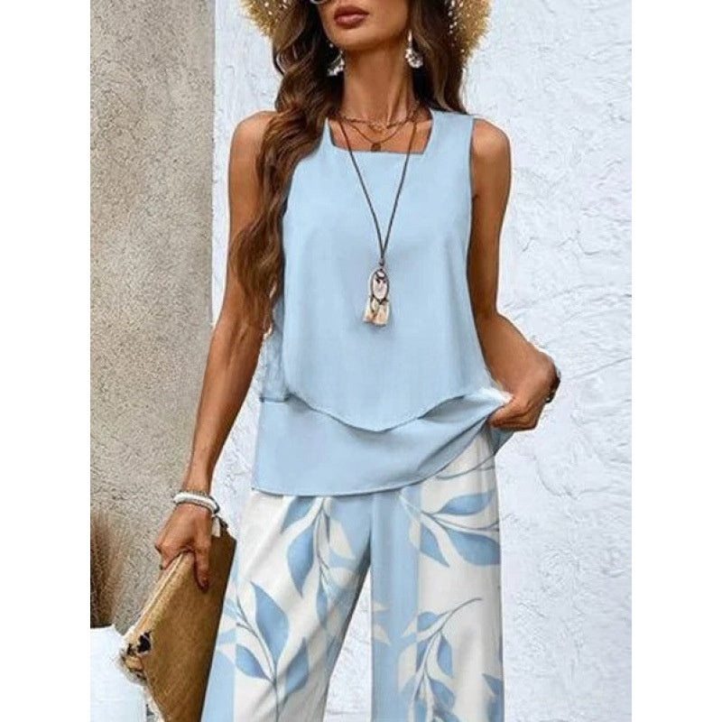 Sleeveless Floral Print Vest and Pants Set