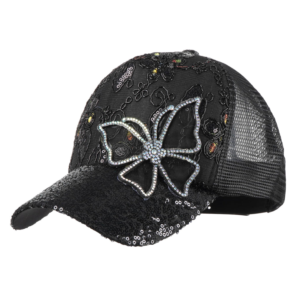 LABANCA Women Girls Butterfly Rhinestones Baseball Caps Hats Fashion Bling Rhinestone Studded Sun hat Adjustable Hip Hop Hat (08228 Black)