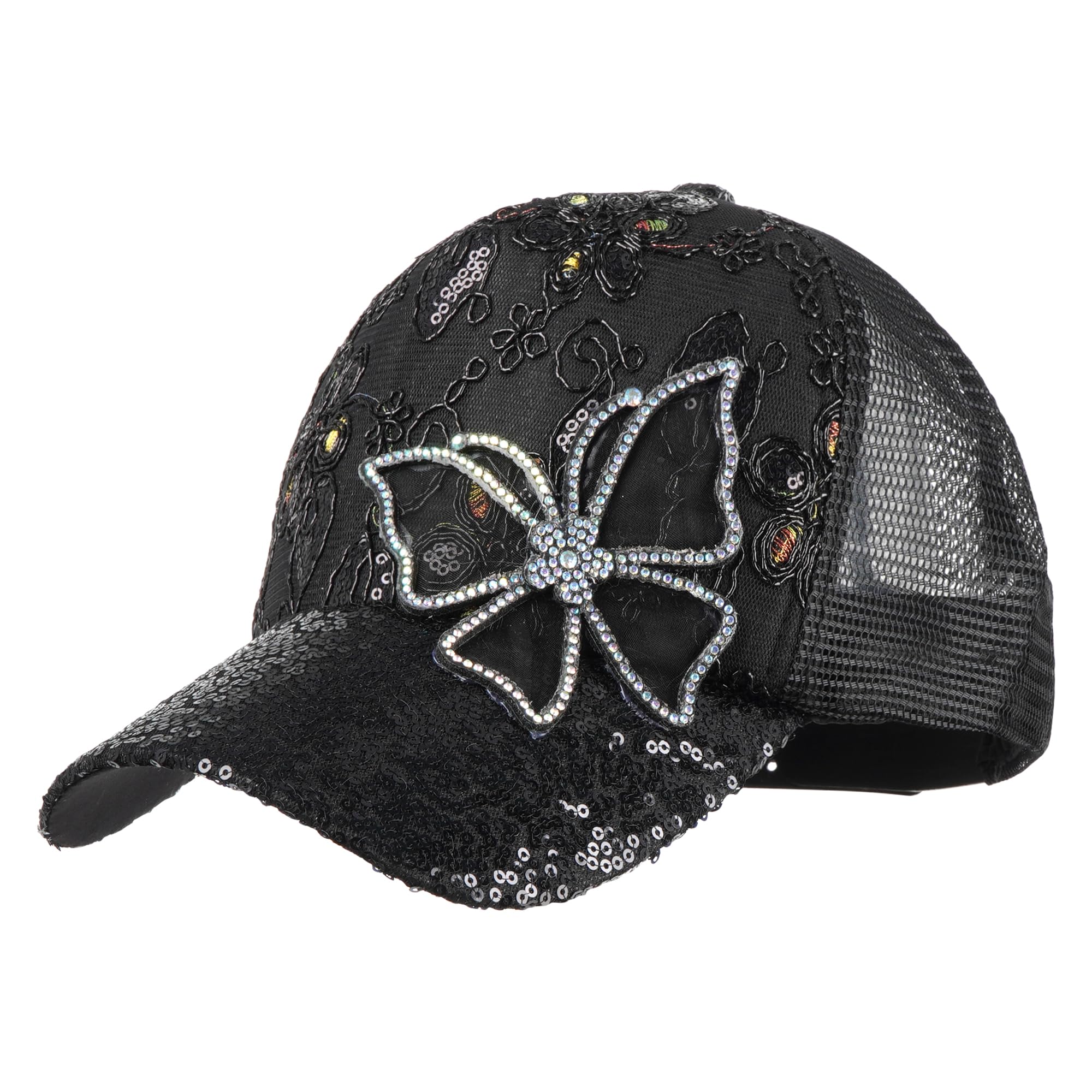 LABANCA Women Girls Butterfly Rhinestones Baseball Caps Hats Fashion Bling Rhinestone Studded Sun hat Adjustable Hip Hop Hat (08228 Black)