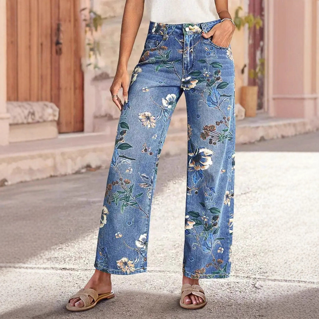 Floral Print High Waist Wide Leg Jeans