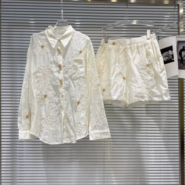Floral embroidered chiffon shirt and shorts set