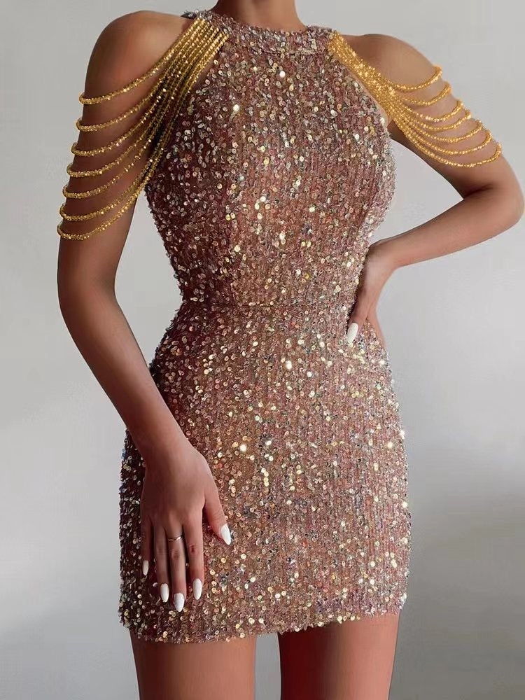 Halter Neck Crystal Chain Mid-Waist Evening Dress