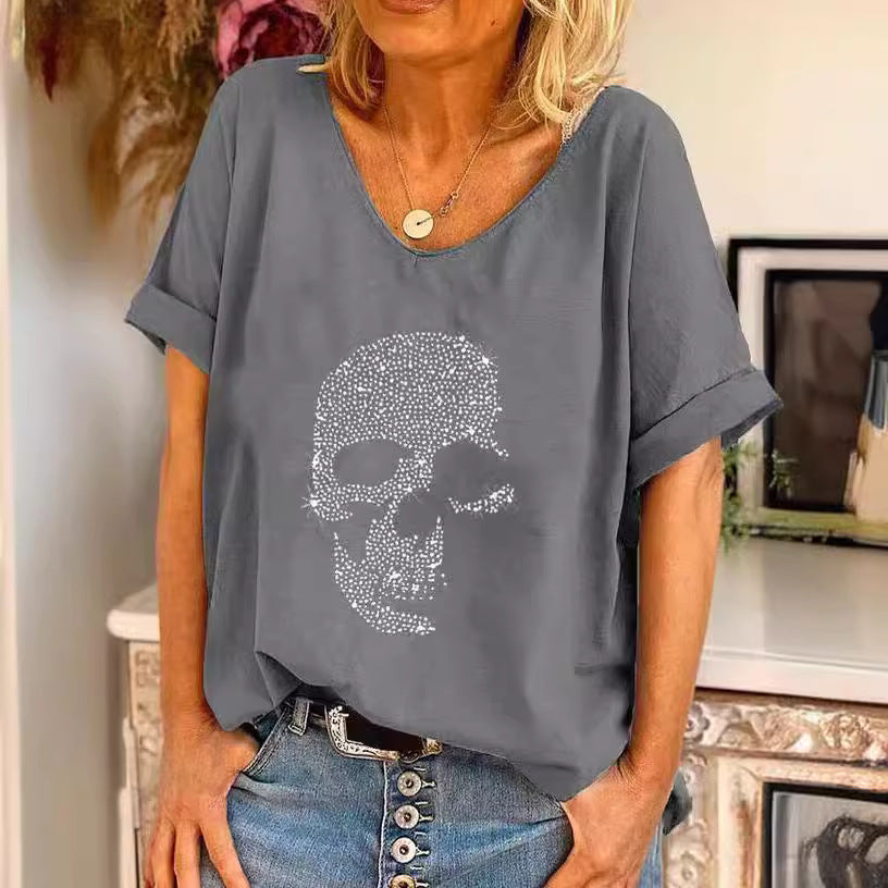 Loose Fit Beaded Skull Print Womens T-Shirt