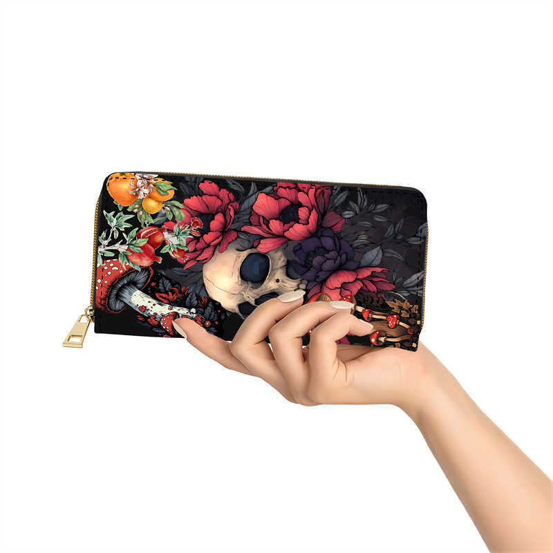 Long Zipper PU Wallet with Flower Skull Butterfly Pattern