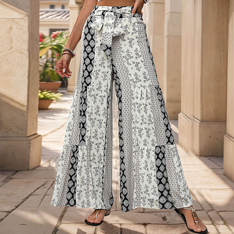 Retro Floral Print Wide Leg Pants with Tie Waist