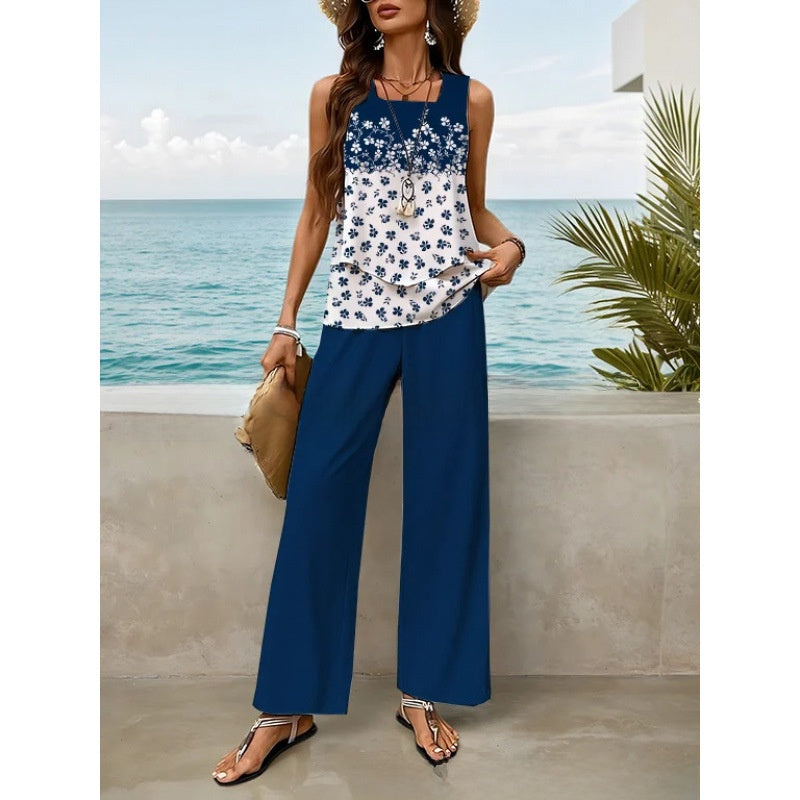 Sleeveless Floral Print Vest and Pants Set