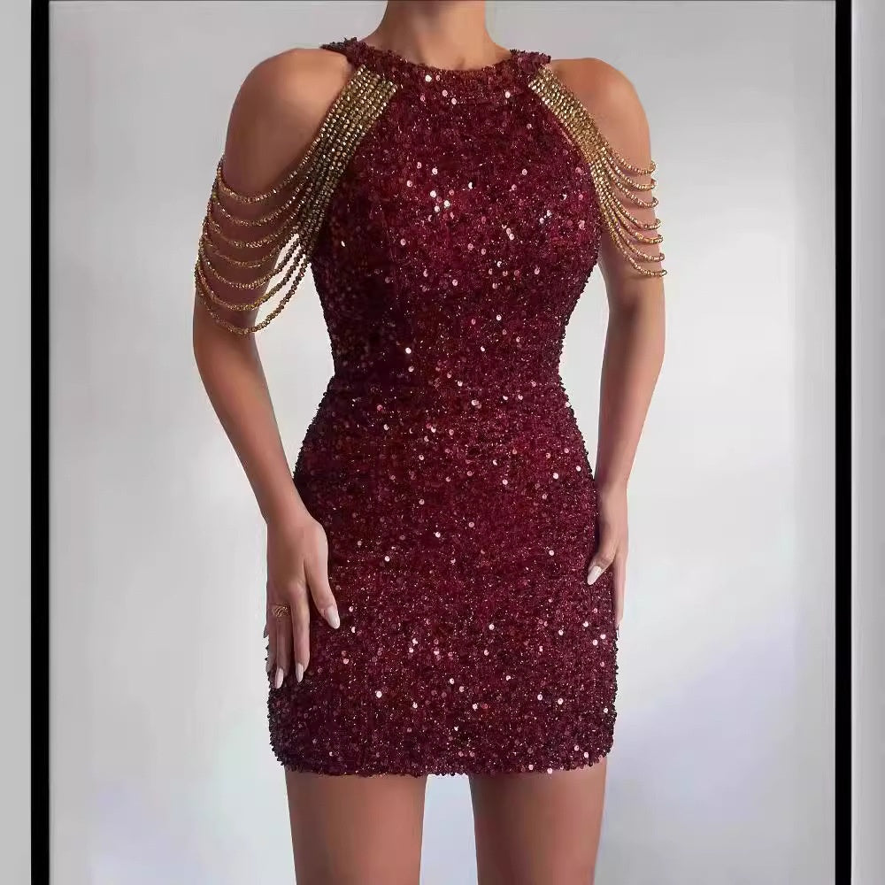 Halter Neck Crystal Chain Mid-Waist Evening Dress