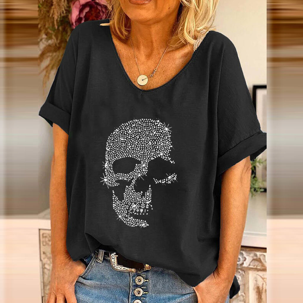 Loose Fit Beaded Skull Print Womens T-Shirt