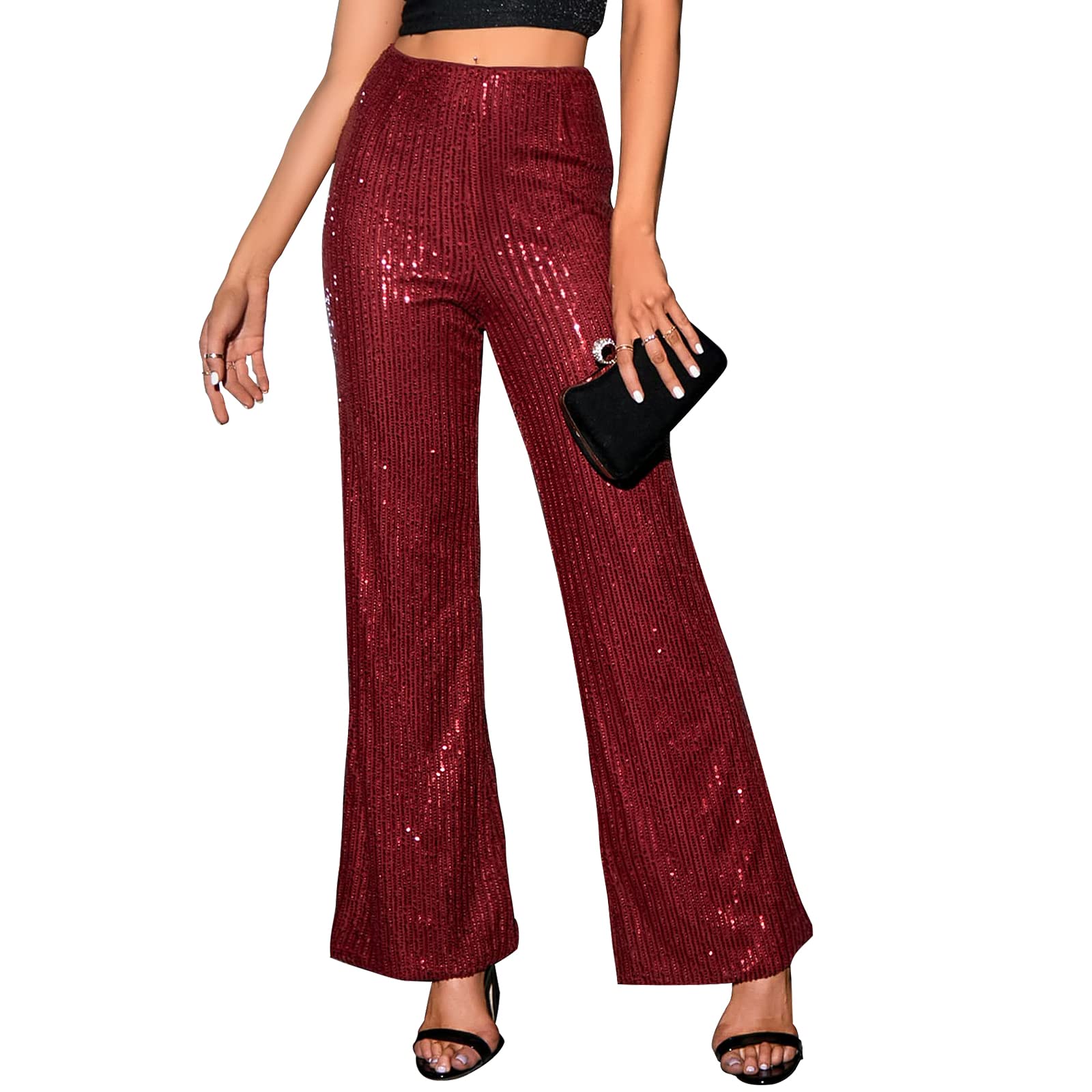 YHYJMY Womens High Waist Wide Leg Sparkle Sequin Bling Glitter Elastic Loose Flare Bell Bottom Shiny Pants (K005-Burgundy-XS)