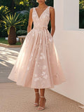 Sleeveless V-Neck Floral Print Evening Dress