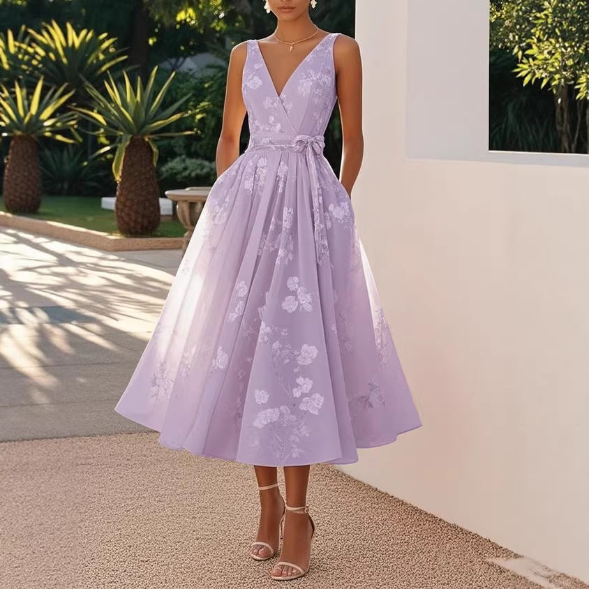 Sleeveless V-Neck Floral Print Evening Dress