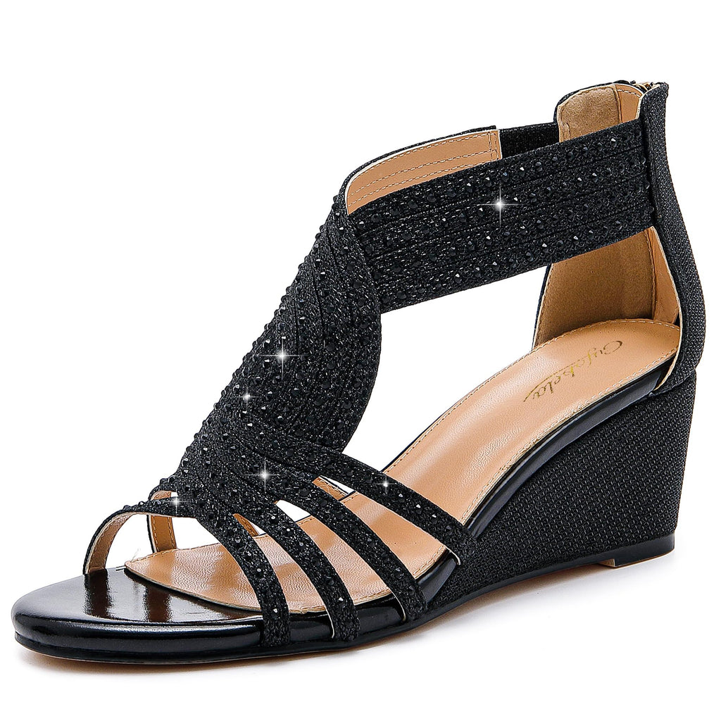 Gufobela Women Wedge Sandals Sparkly Rhinestone Open Toe Fashion Dressy Sandals Women Bling Sandals Bridesmaid Shoe Evening Wedding Prom Shoes (1121 Black 11)