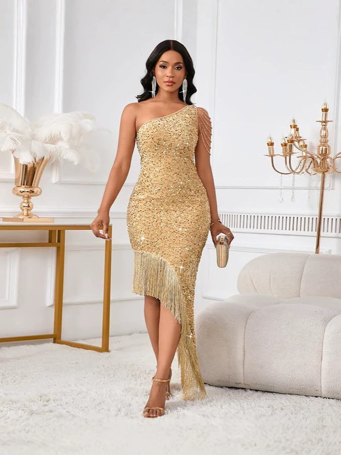 One-Shoulder Crystal Tassel Sequin Evening Gown