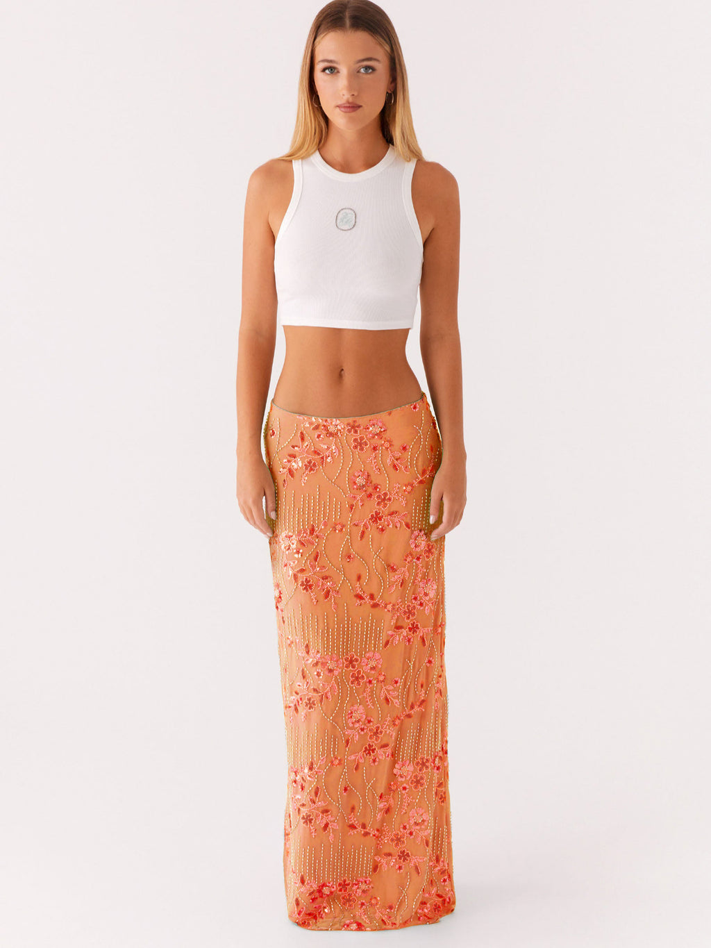 Embroidered Sequin Long Skirt