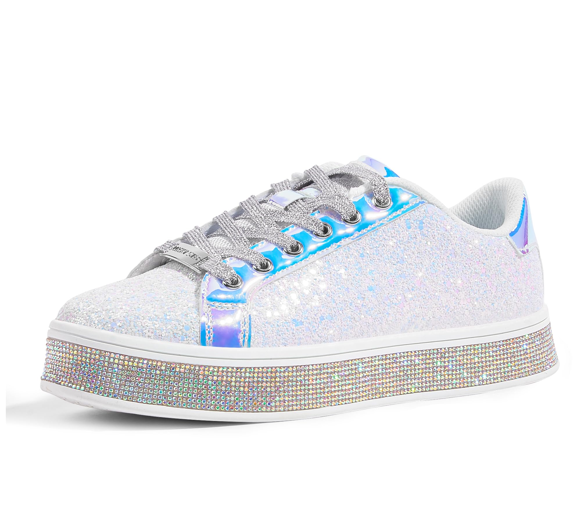 LUCKY STEP Womens Platform Glitter Sneakers | Sparkly Bling Shiny Dressy Bedazzled Wedding Bridal Fashion Walking Shoes (White7 B(M) US)