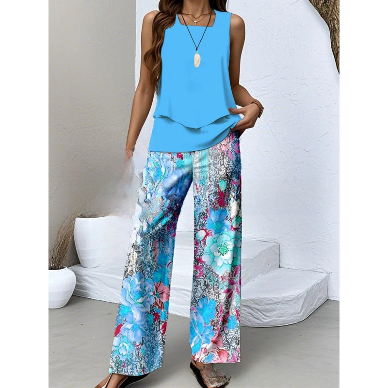 Sleeveless Floral Print Vest and Pants Set