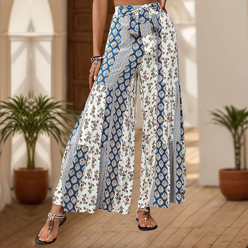Retro Floral Print Wide Leg Pants with Tie Waist