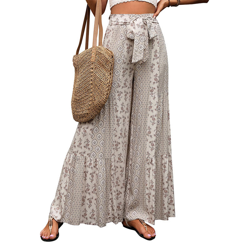 Retro Floral Print Wide Leg Pants with Tie Waist