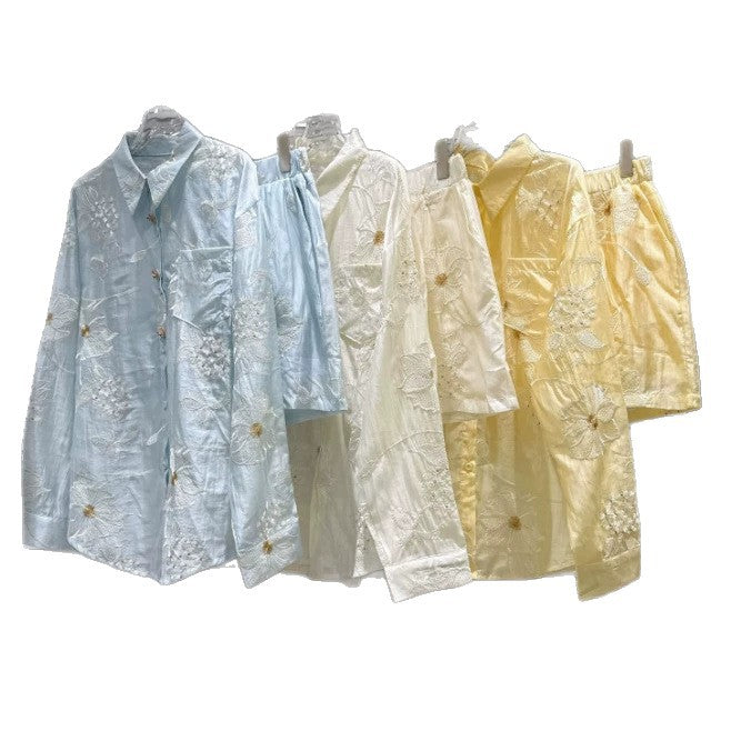 Floral embroidered chiffon shirt and shorts set