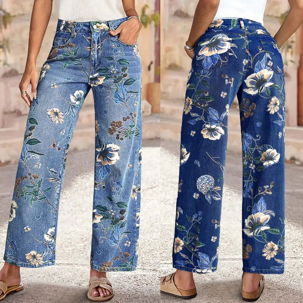 Floral Print High Waist Wide Leg Jeans