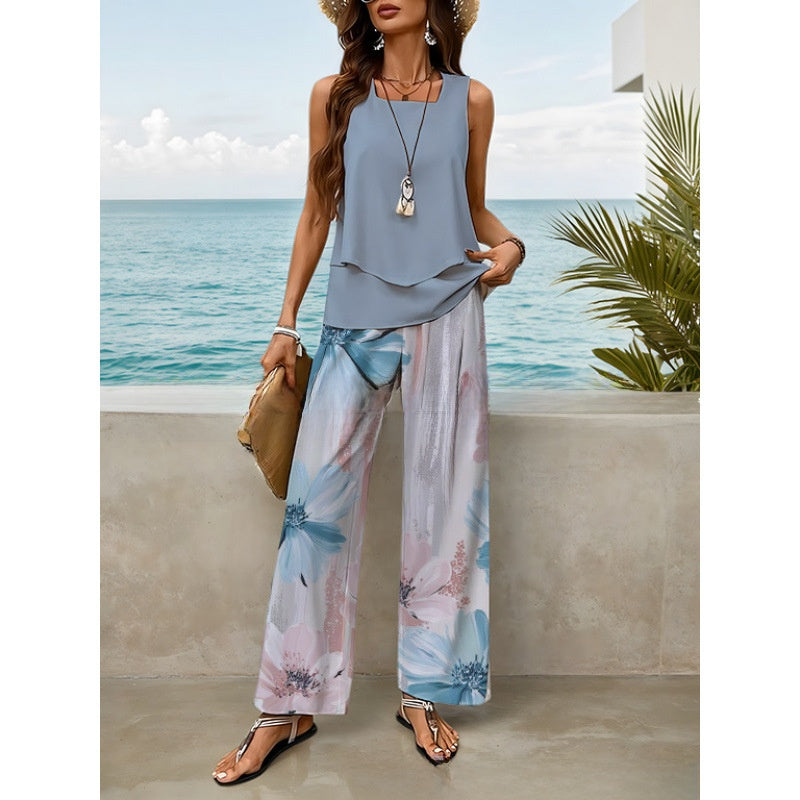 Sleeveless Floral Print Vest and Pants Set