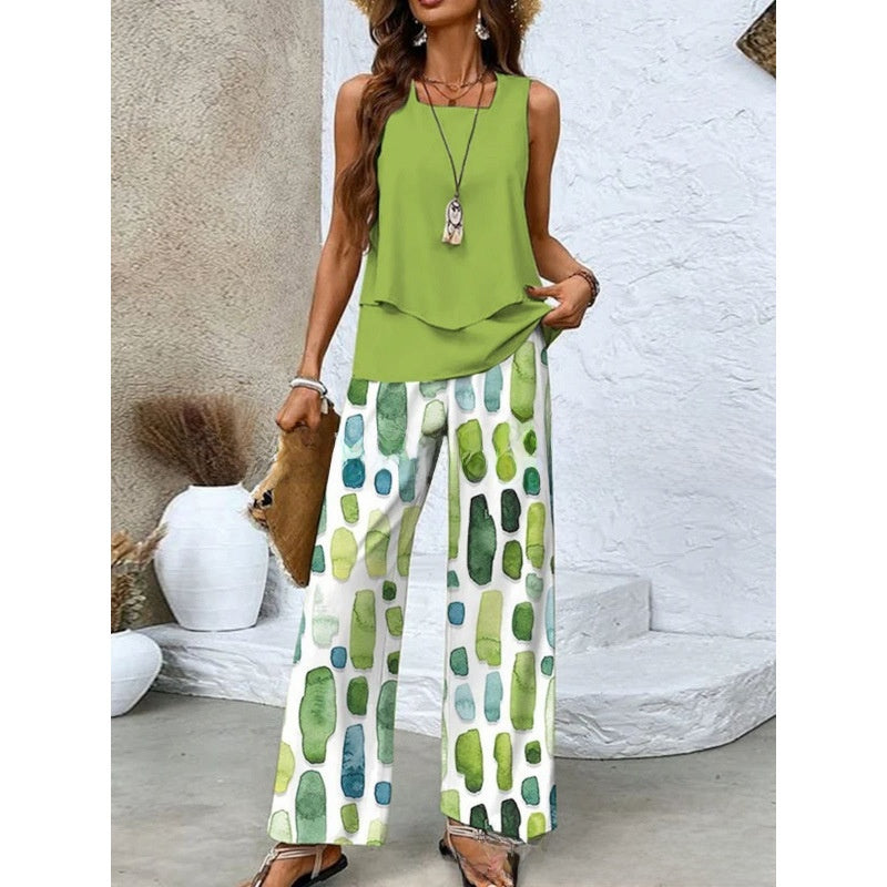 Sleeveless Floral Print Vest and Pants Set