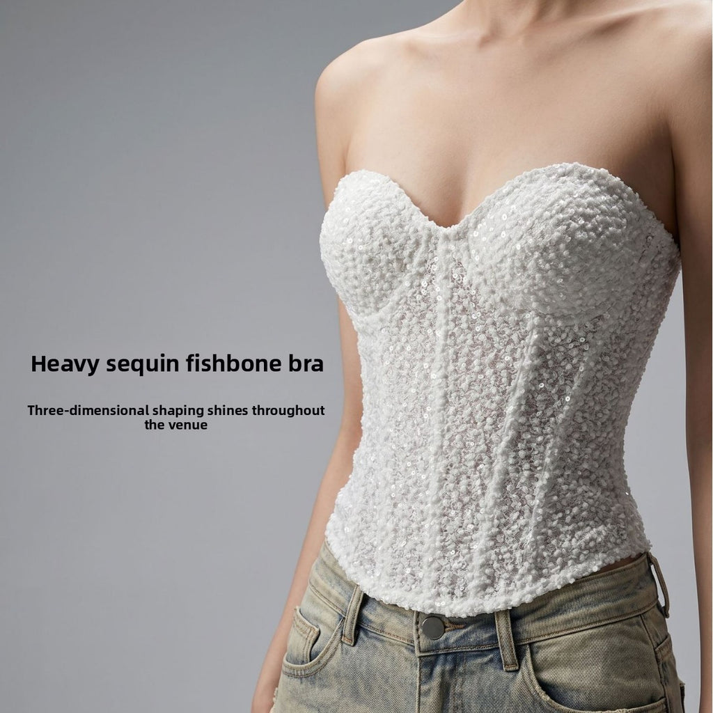 French Style 3D Sequin Fishbone Bra Top