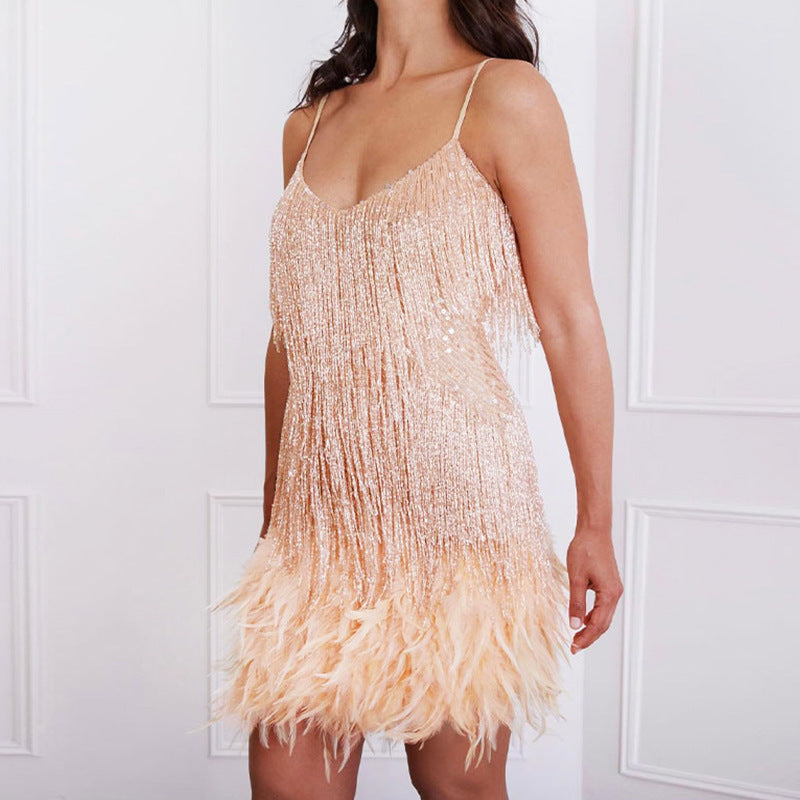 Feather Sequin Patchwork Dress with Fringe