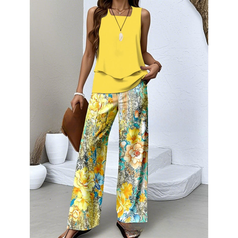 Sleeveless Floral Print Vest and Pants Set