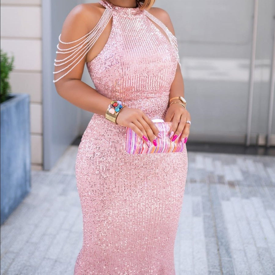 Sequin Sleeveless Round Neck Long Dress