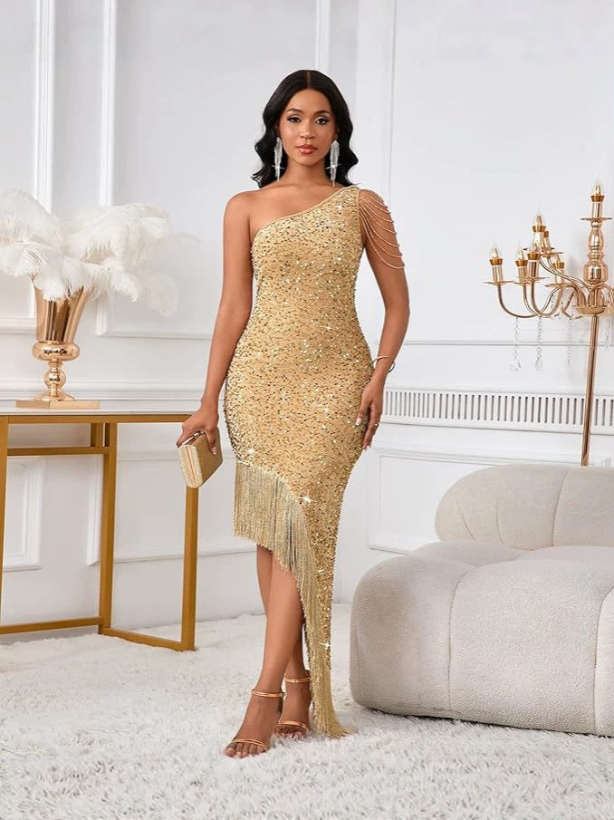 One-Shoulder Crystal Tassel Sequin Evening Gown