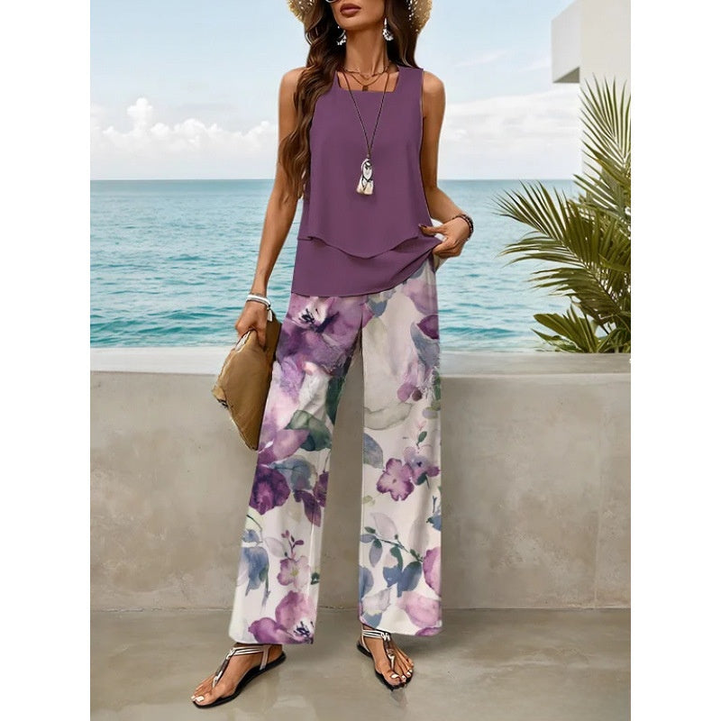 Sleeveless Floral Print Vest and Pants Set