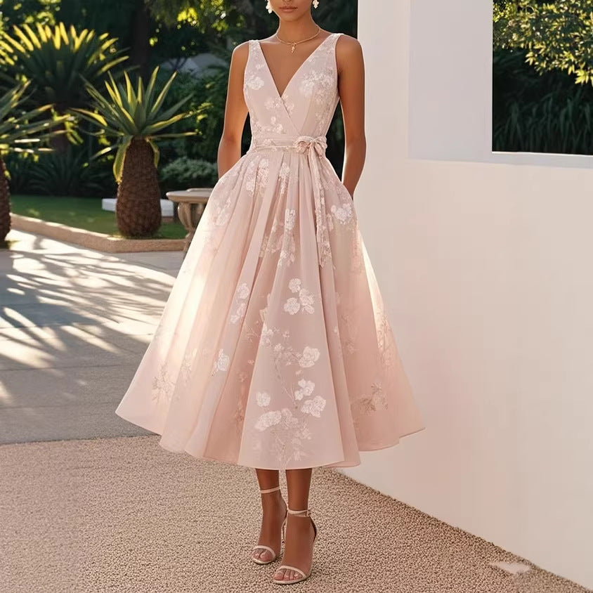 Sleeveless V-Neck Floral Print Evening Dress