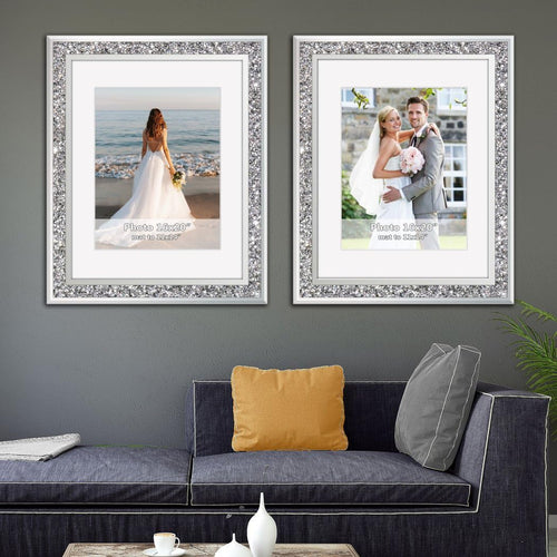 ALLARTONLY Big Mirror Photo Frame 16x20inch Mat To 11x14inch Crushed Diamond Bling Sparkle Home Decor 2 Pack Crystal Silver Glass Wedding Picture Poster Wall Frame.