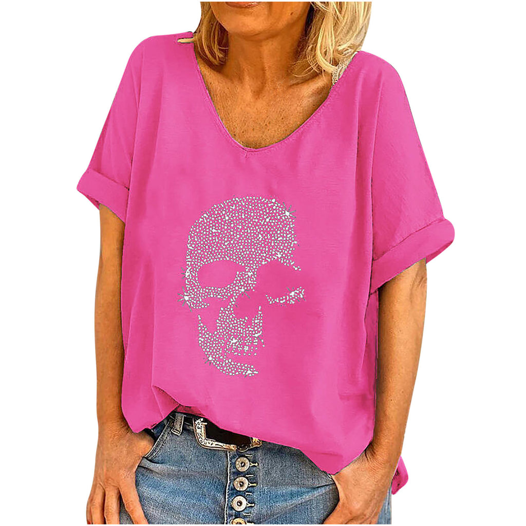 Loose Fit Beaded Skull Print Womens T-Shirt
