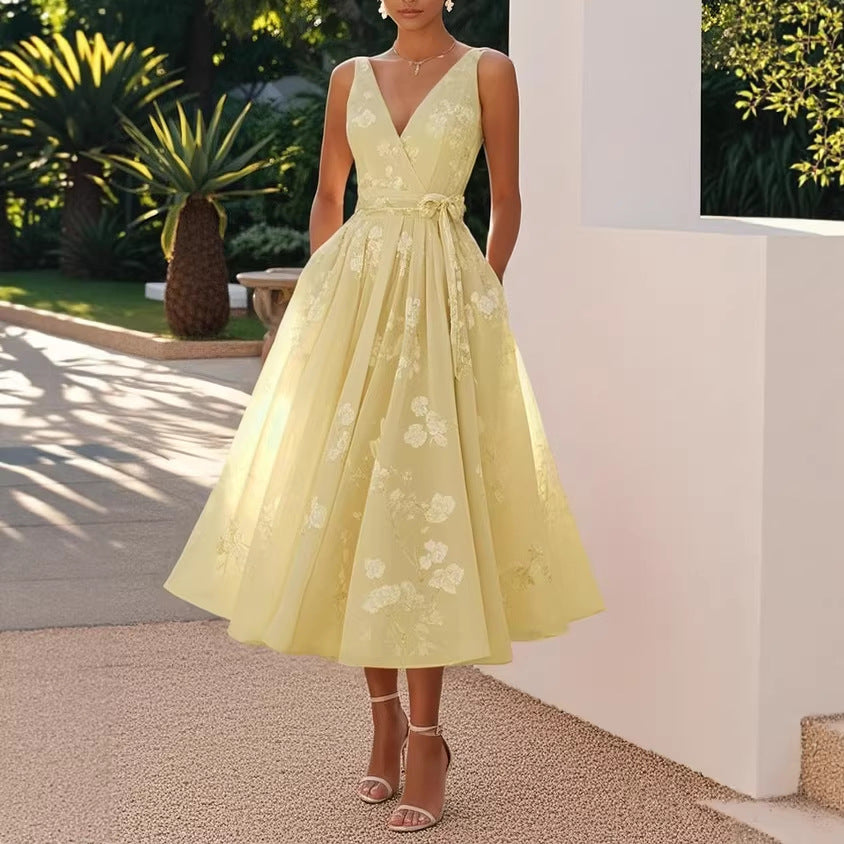 Sleeveless V-Neck Floral Print Evening Dress