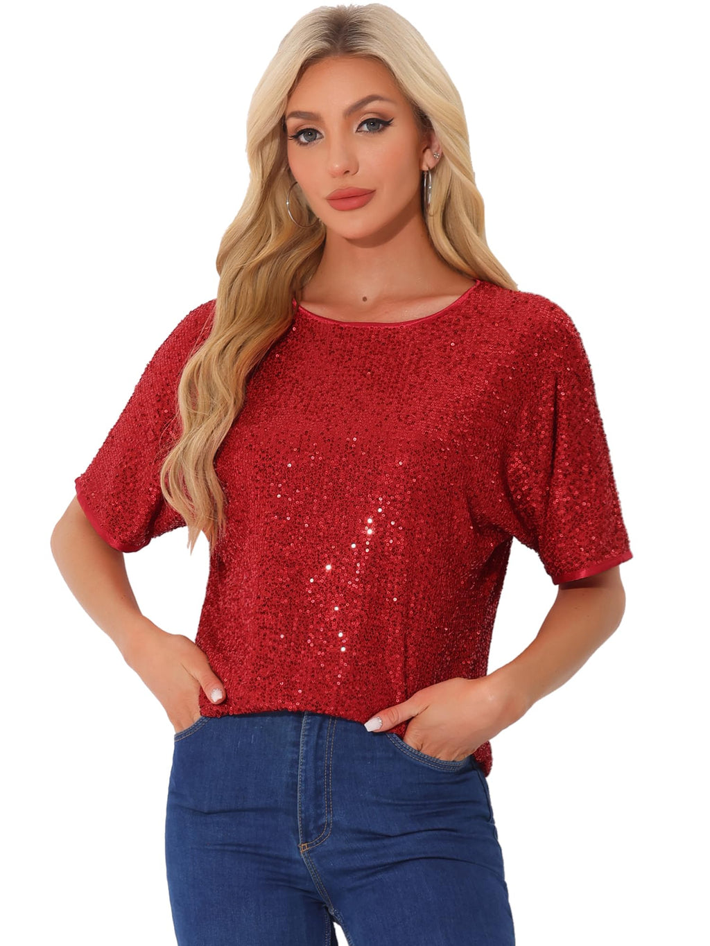 Allegra K Sequin Shirt for Womens Christmas Sparkly Dolman Sleeve Party Oversize Bling Glitter Blouse X-Large Red
