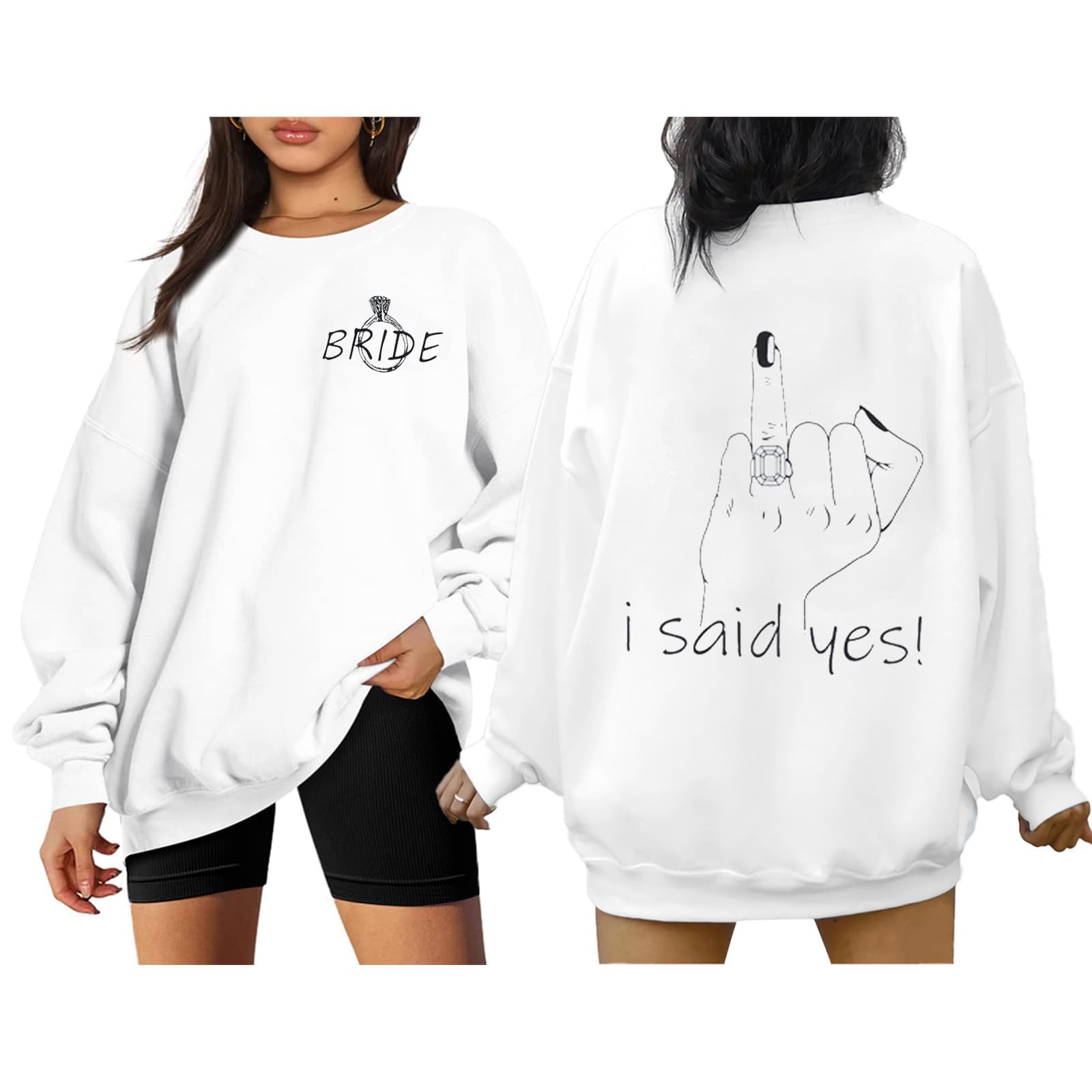 COLORFUL BLING Bride Sweatshirt For Women I Said Yes Engaged Gift Wedding Party Pullover Oversized Letter Print Casual Crewneck Tops-Yes S