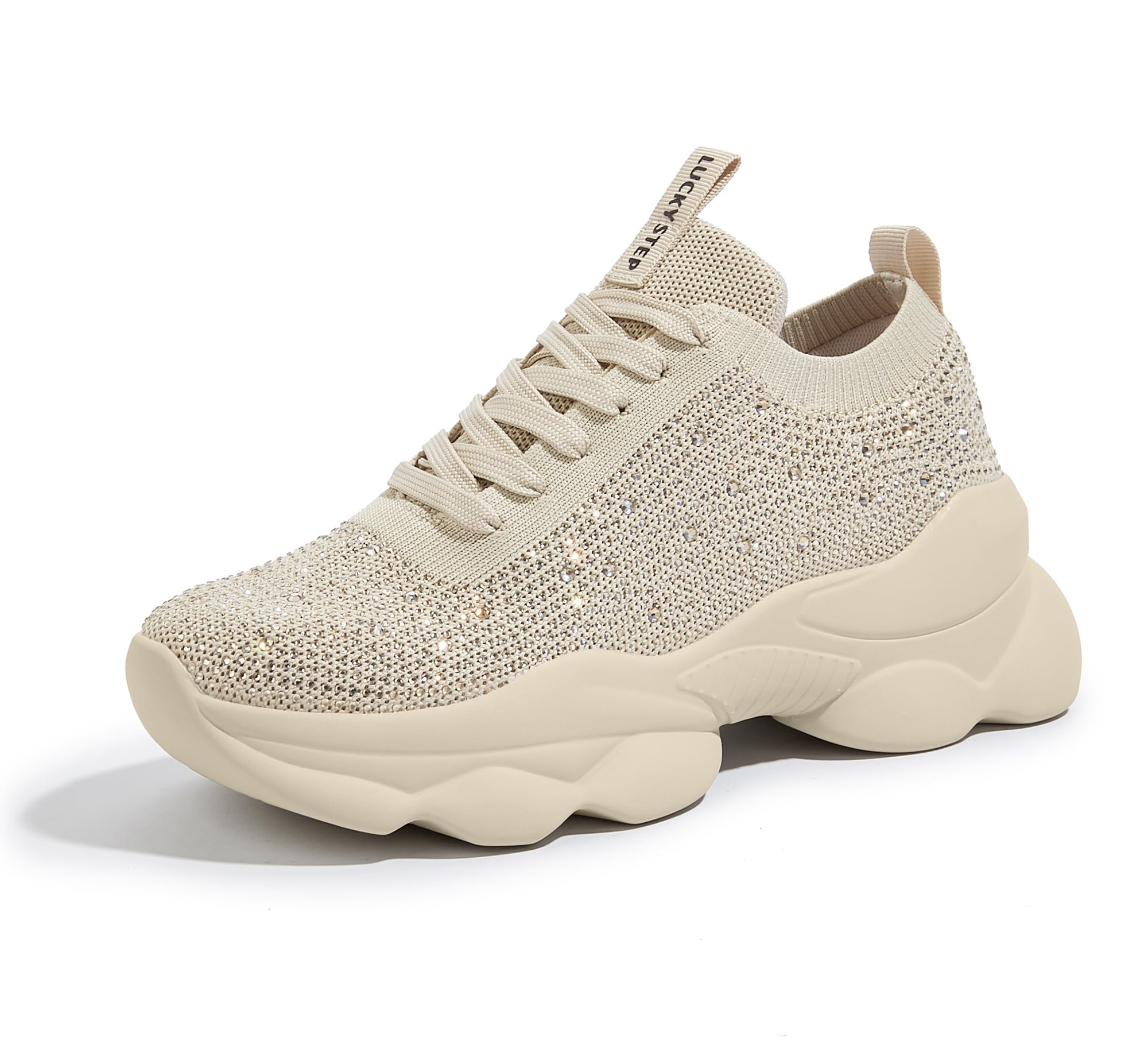 LUCKY STEP Womens Rhinestone Mesh Slip On Fashion Sneaker Sparkle Bling Shiny Chunky Rave Walking Shoes(Beige Rhinestone11 B(M) US)