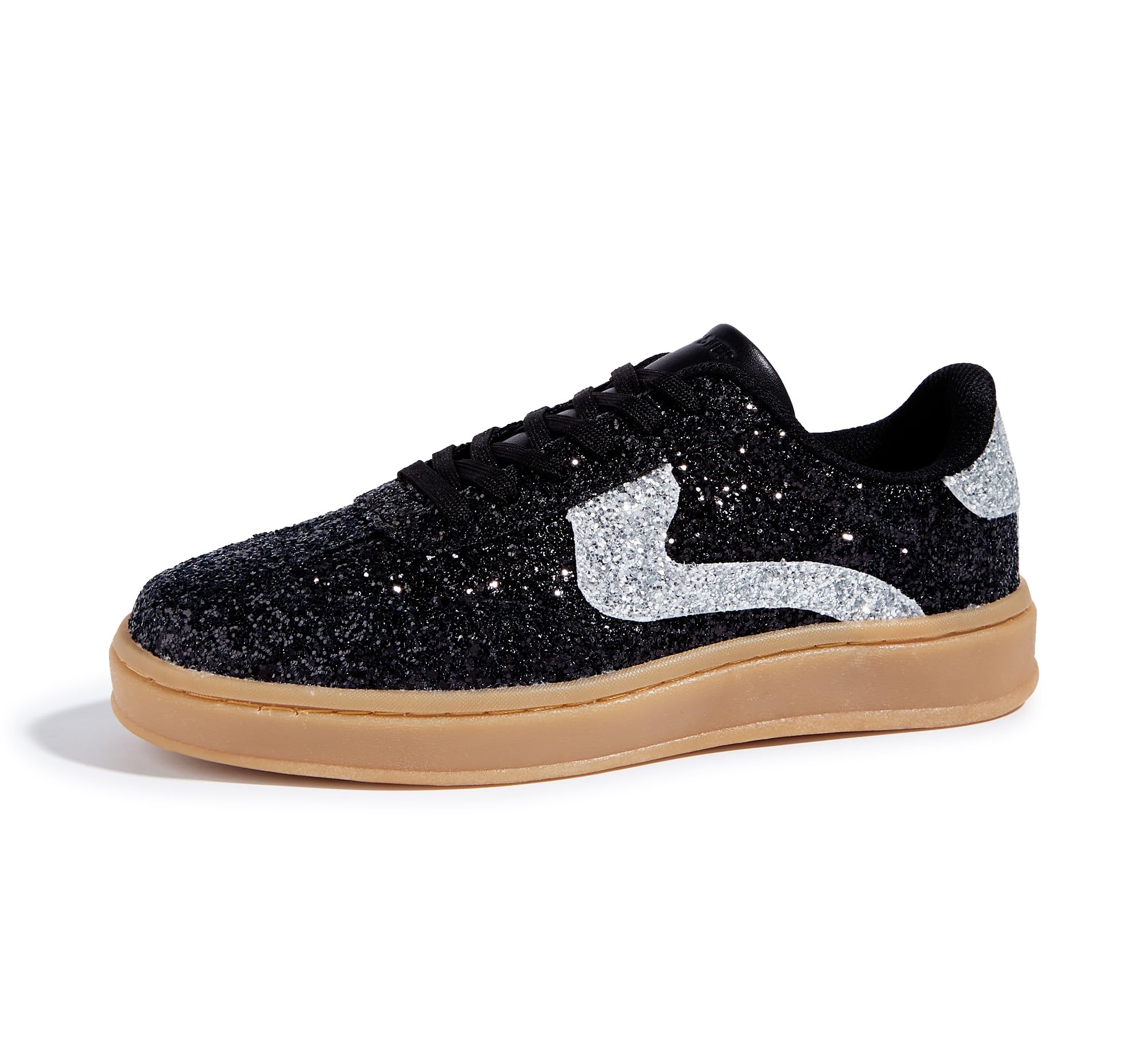 LUCKY STEP Womens Glitter Sneakers Fashion Retro Casual Sparkly Bling Shiny Dressy Bedazzled Bridal Wedding Anti Slip Walking Shoes (Black/Silver9)