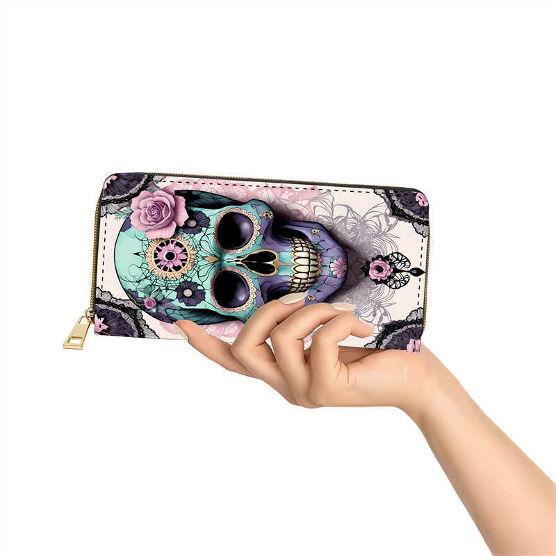 Long Zipper PU Wallet with Flower Skull Butterfly Pattern