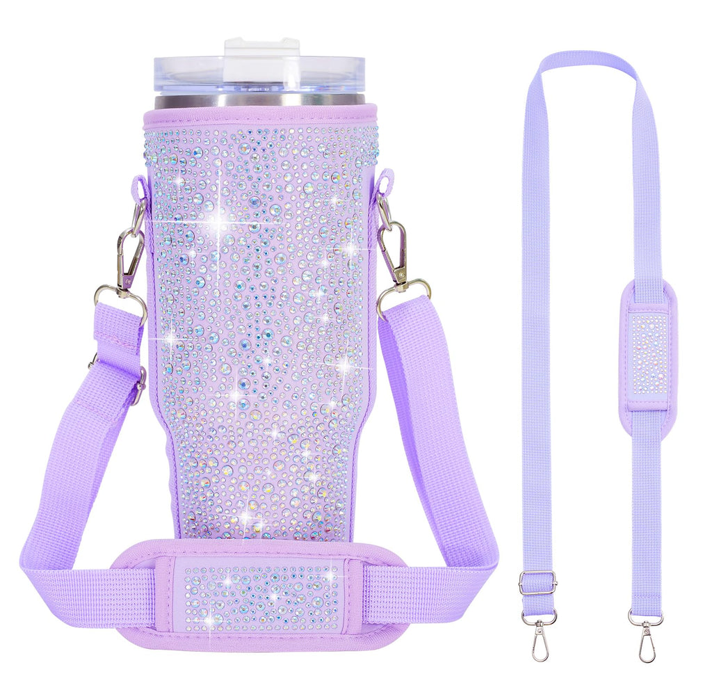 Bling Water Bottle Carrier Bag for Stanl-ey 40oz Tumbler with Handle Sparkling Rhinestone Water Bottle Holder with Adjustable Strap for Travelling Hiking Camping (Purple Bling)