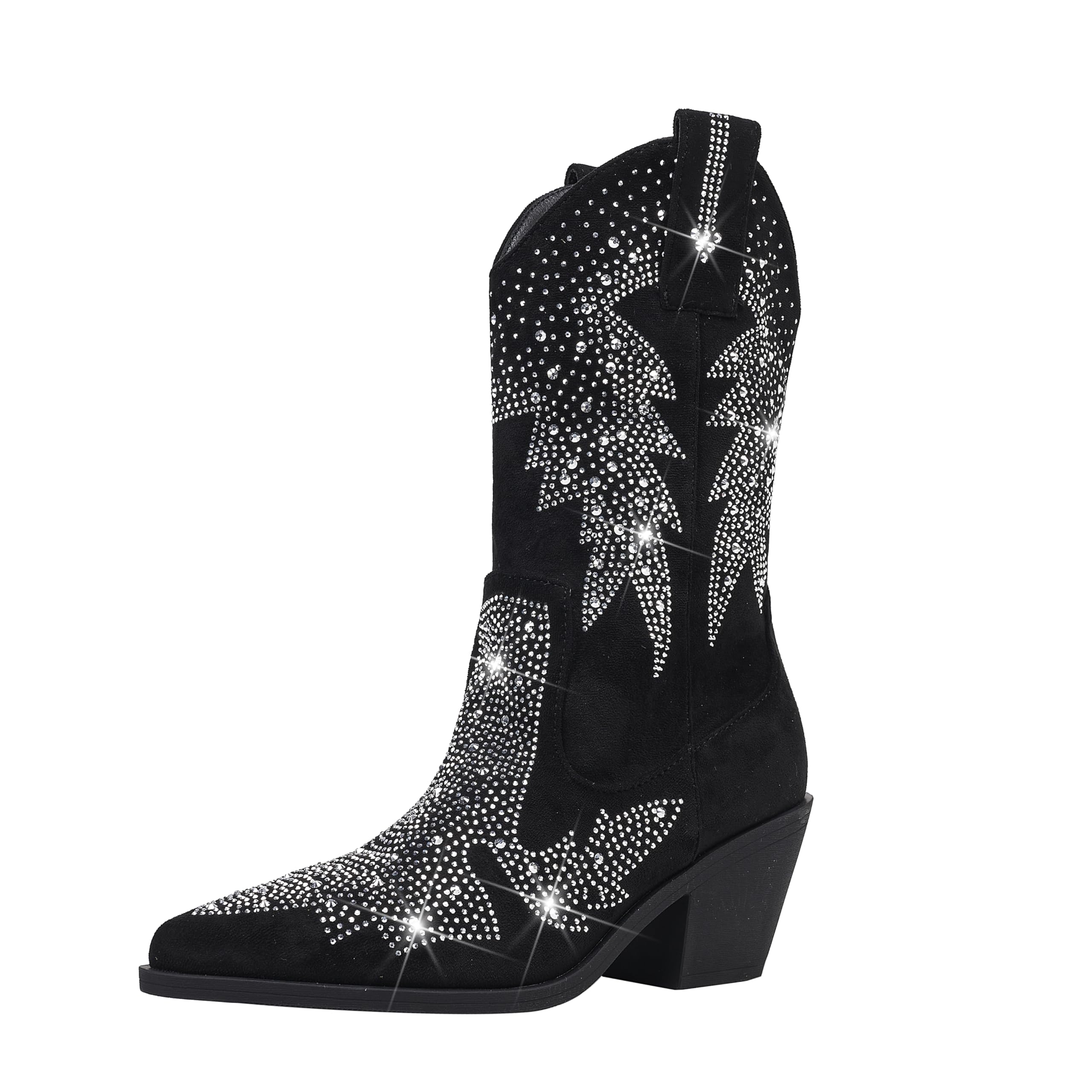 Bapolee Womens Sparkly Rhinestone Bling Cowgirl Suede Western Boots Shiny Pointed Toe Chunky Heel Glitter Ankle Booties6