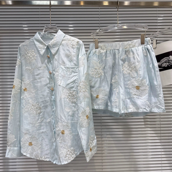 Floral embroidered chiffon shirt and shorts set