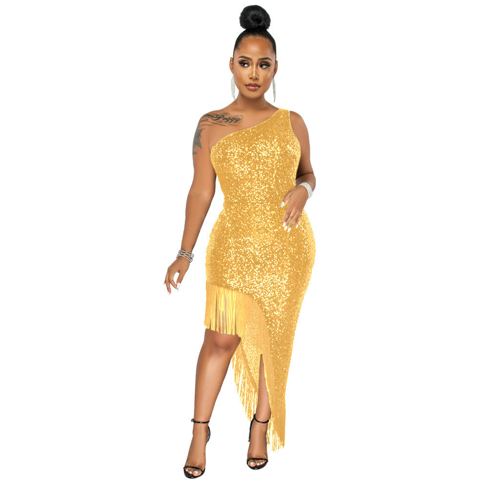 Sequin Tassel One Shoulder Dress